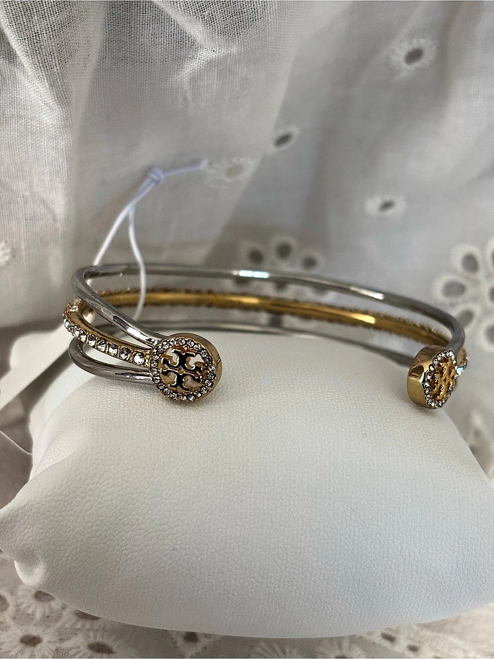Tory Burch Icon Pavé Double Bracelet Logo Pavé Cuff Bracelet in Silver & Gold